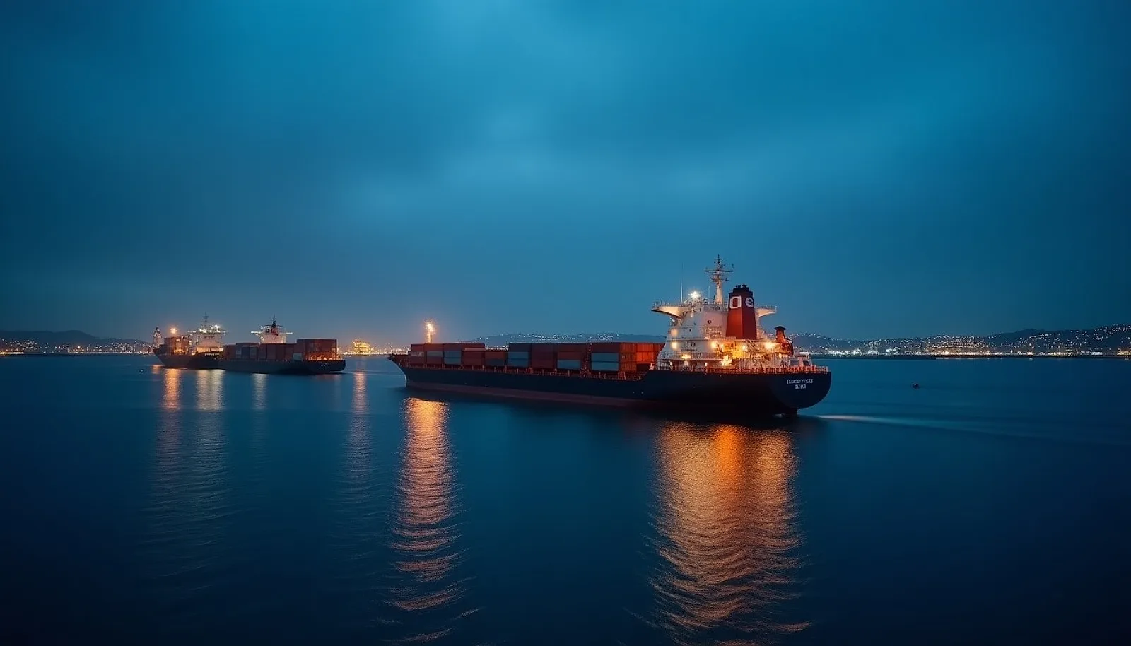 Cargo ships waiting at an anchorage at blue hour