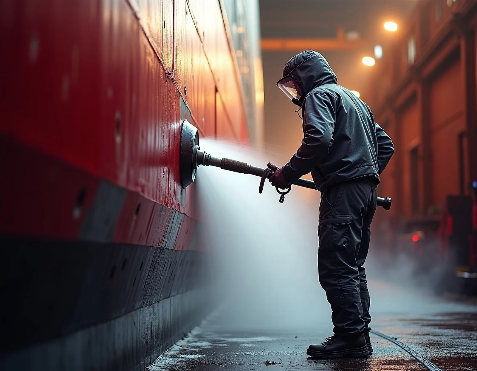 Worker hydro-blasting a ship hull in dry dock