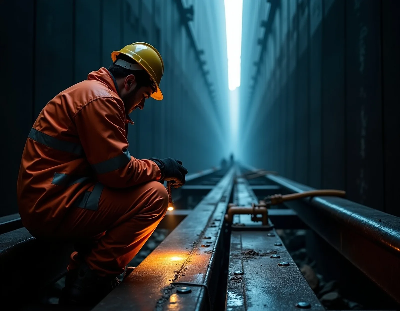 Inspector examining welded frames in a ballast tank